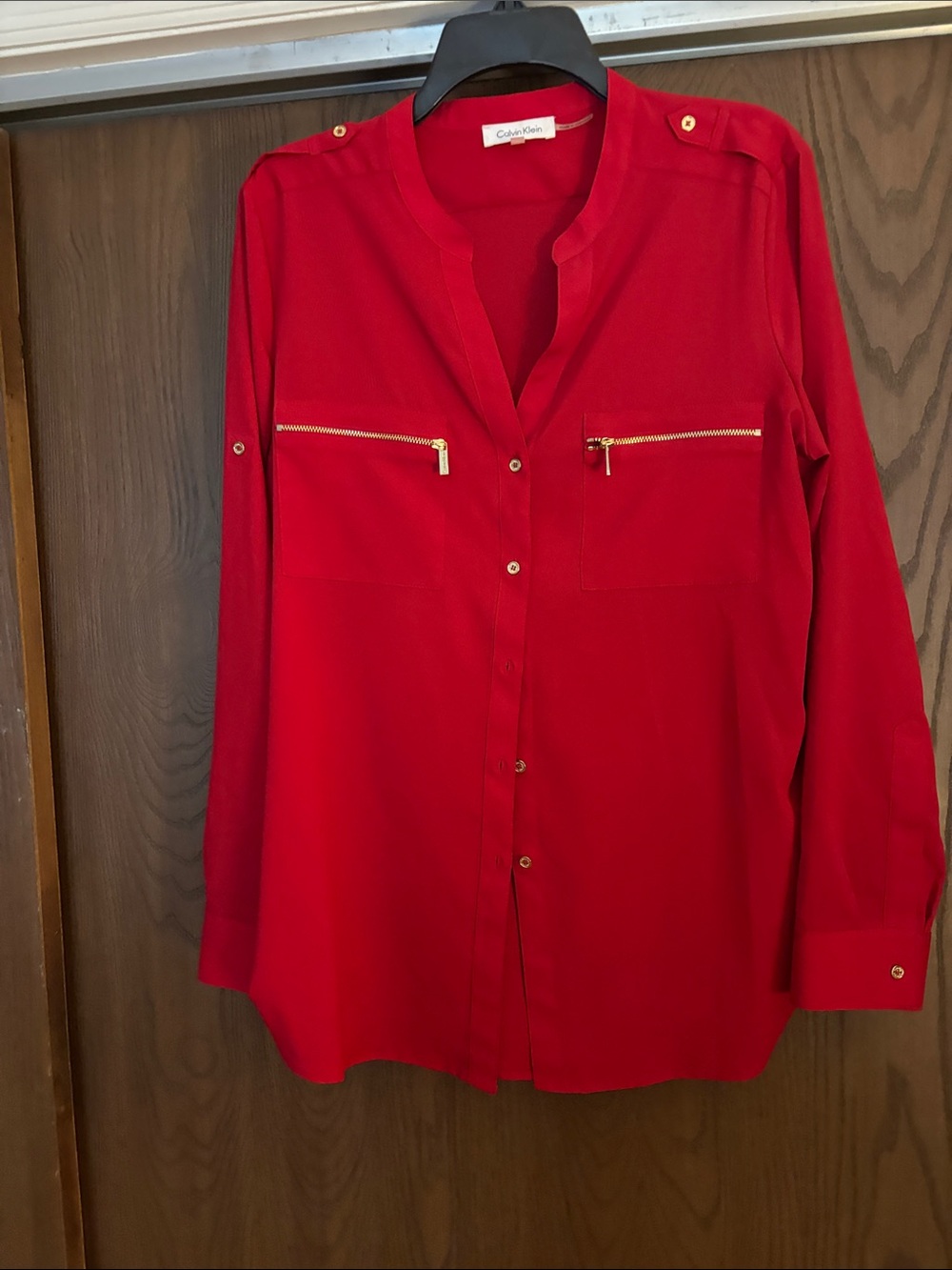 Calvin Klein Red Button-Front Zip Pocket Shirt